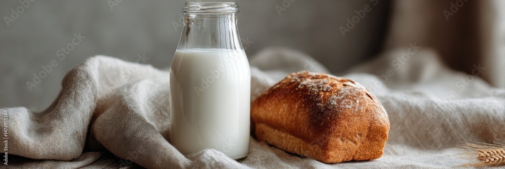Poster fresh milk and crusty loaf of bread rest together on soft linen cloth with gentle light illuminating