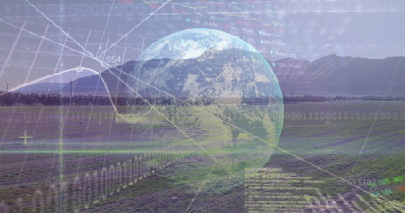 Image of graphs, globe and data processing over wind turbine