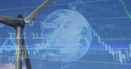 Image of graphs, globe and data processing over wind turbine