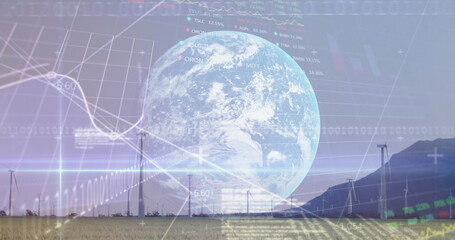 Image of graphs, globe and data processing over wind turbine