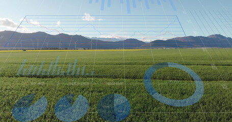 Image of graphs and data processing over wind turbine