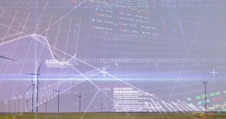 Image of graphs and data processing over wind turbine