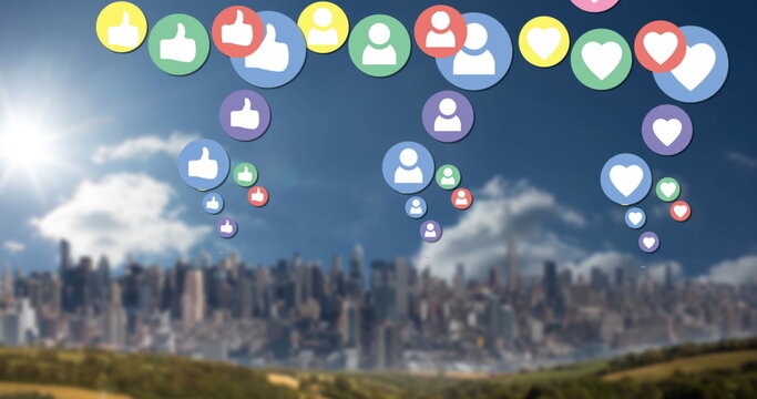 Image of social media icons floating over landscape