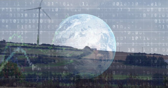 Image of graphs, globe and data processing over wind turbine