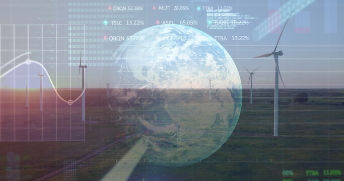 Image of graphs, globe and data processing over wind turbine at sunset - Powered by Adobe