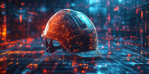 High-tech construction helmet glowing in a digital environment with vibrant lights and patterns showcasing innovation and safety