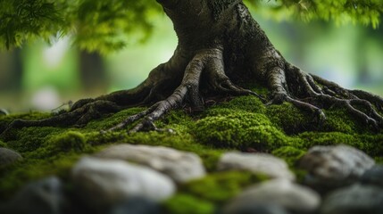 Obraz premium Intricate Roots and Mossy Ground in Verdant Serene Environment