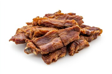 Fototapeta premium Delicious Crispy Brown Meat Jerky Snack Pieces Close-up