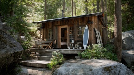 Rustic wooden cabin nestled within a lush forest.