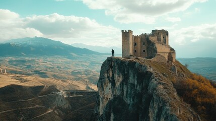 Fototapeta premium Solitude atop a historic fortress overseeing a vast, breathtaking landscape