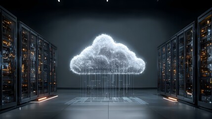 with glowing cloud symbols and data flow lines connecting racks