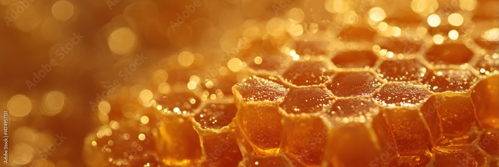 Poster close-up of golden honeycomb showcasing its intricate structure and natural glow illuminated under s