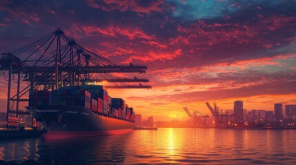 Obraz premium Container ship at dusk, A breathtaking port city vista during twilight
