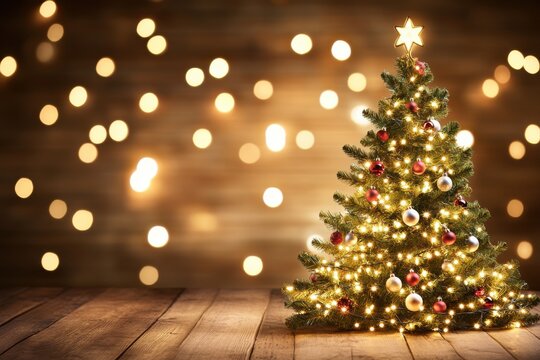 Christmas tree on wooden floor, bokeh background.  Illuminated tree with ornaments, warm lighting on rustic wood