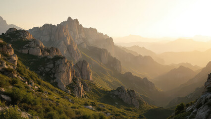 Fototapeta premium Sunrise over majestic mountain range, hazy landscape