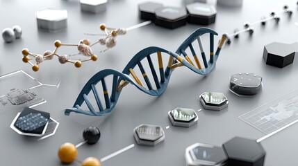 Collage features medical icons, DNA strands, and molecular structures on a light grey background with plenty of text space