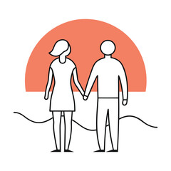 Minimalist illustration of couple holding hands at sunset romantic scene