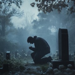 Mourning individual kneels at graveyard during rainy day, surrounded by tombstones and foliage, somber emotion