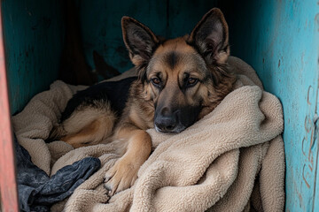 Pet dog comfortably curled up on a soft fleece blanket inside a cozy dog house