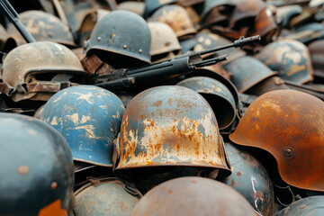 Collection of rusting helmets and weaponry in an abandoned military site overrun by nature