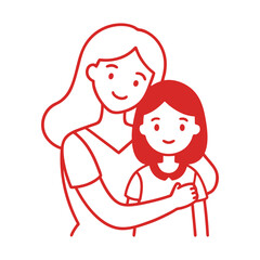 Mother and daughter embracing in red outline illustration of family love