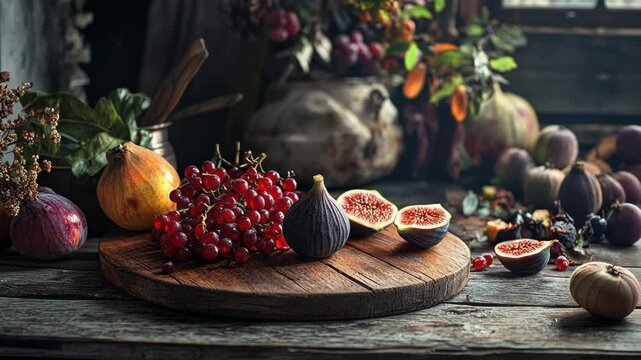 an elegant display of fruits, including pomegranates, red currants, apples and figs, carefully positioned on a rustic wooden surface. The composition highlights both beauty and abundance