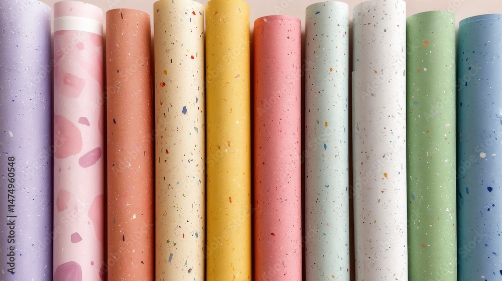 Poster colorful pastel wrapping paper rolls arranged neatly, showcasing a variety of patterns and textures 