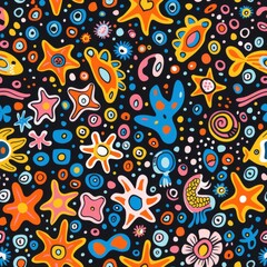 Fototapeta premium seamless pattern featuring cute sea creatures like clownfish, starfish, jellyfish, sea turtles in bright colors