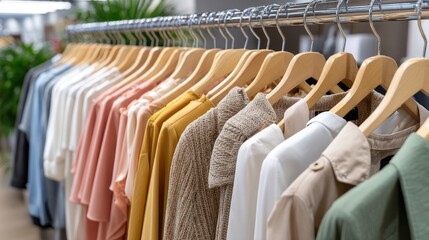 Obraz premium Display of stylish women's attire in pastel colors, showcasing dresses, blouses, and casual wear in a luxurious shopping setting