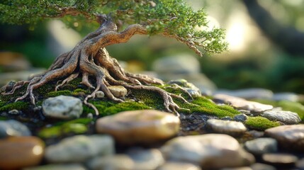 Obraz premium Detailed bonsai tree with gnarled roots and mossy stones landscape