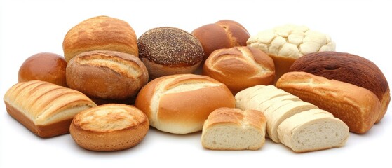 Assorted Breads Still Life Close Up Display on White Background Variety of Loaves Rolls Buns for Baking or Sandwich Making