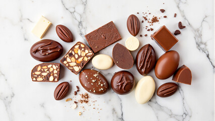 Chocolate assortment for World Chocolate Day on marble background  