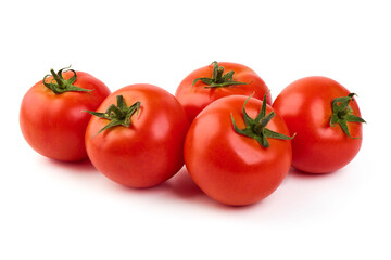 Ripe fresh tomatoes, close-up, isolated on white background.