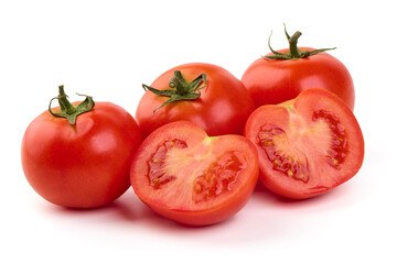 Ripe fresh tomatoes, close-up, isolated on white background.