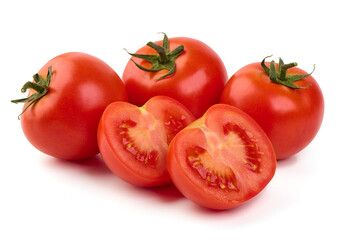 Ripe fresh tomatoes, close-up, isolated on white background.