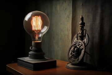 A vintage steampunk lamp with a glowing filament bulb illuminates a dark and moody interior.