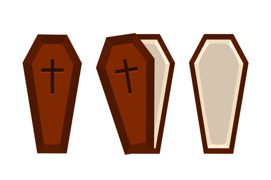 Set of wooden coffin with a cross isolated on white background. Vector stock