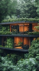 Modern eco-friendly house nestled in lush forest