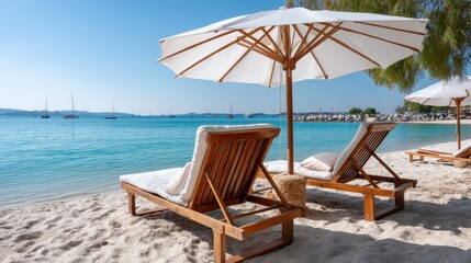Enjoy a tranquil day at a beautiful beach with cozy sun loungers, an umbrella, and serene views of the calm sea