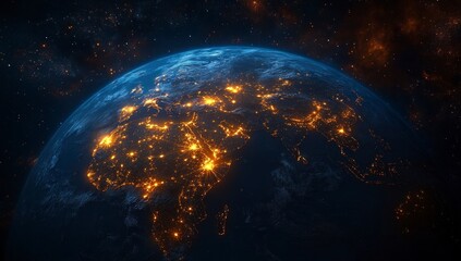 Obraz premium Earth from space, city lights shine on continents