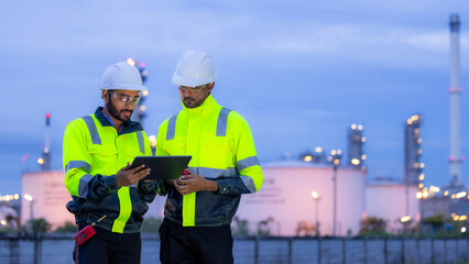 Team refinery engineer worker oil refinery petrochemical industrial plant at night, Team refinery engineer collaboration maintenance oil refinery plant, Teamwork engineer working petrochemical plant.