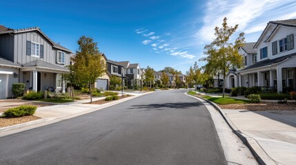 Obraz premium Bright sunny day in a residential neighborhood showcasing low houses with modern designs and clean streets under a clear blue sky