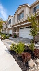 Fototapeta premium Bright sunny day in a residential neighborhood showcasing low houses with modern designs and clean streets under a clear blue sky