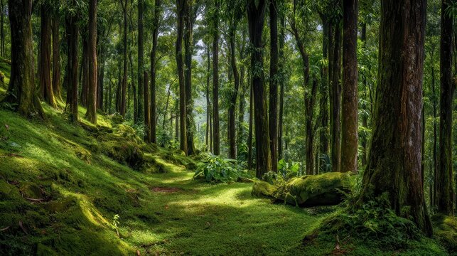 Lush, mossy forest path leading into sunlight.