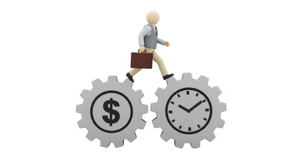 Isolated Man Walking on Gears with Dollar and Clock