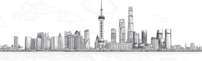 Shanghai skyline pencil sketch.  Urban cityscape drawn with intricate details, featuring numerous skyscrapers, a prominent tower, and a tranquil waterline
