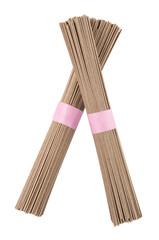 Two bundles of soba noodles with pink bands on transparent background