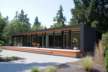 Fototapeta premium Modern Home with Glass Walls and Wooden Deck in a Sunny Landscape