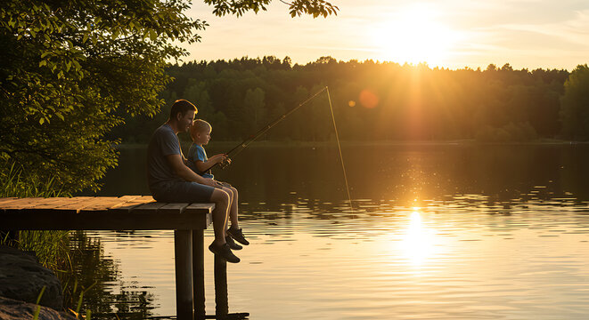 Sunset fishing trip father son lake dock golden hour together bonding family activity holiday travel vacation