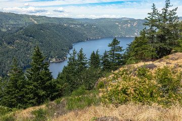 Beautiful view of the Saanich inlet from the Malahat summit at summer day in Vancouver Island Canada